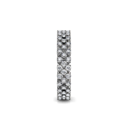 Side view of white gold or platinum double row staggered diamond eternity band showing the band depth and stone setting