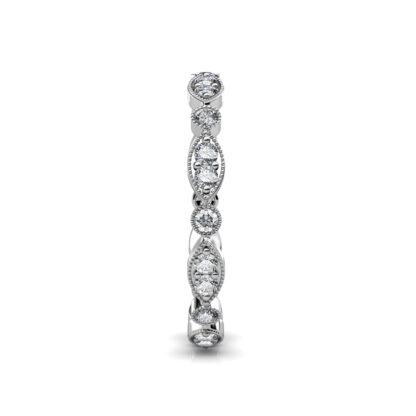 Side view of white gold or platinum milgrain marquise station diamond eternity band showing the band depth and stone setting