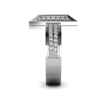 Side view of white gold or platinum pave diamond T shape statement ring showing the band depth and stone setting