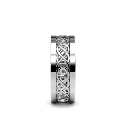 Side view of white gold or platinum Celtic knot openwork diamond band showing the band depth and stone setting