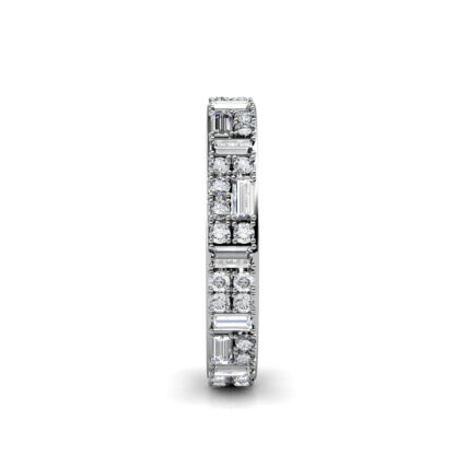 Side view of white gold or platinum baguette and round diamond eternity ring showing the band depth and stone setting