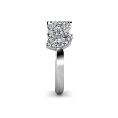 Side view of white gold or platinum pear and marquise diamond halo band showing the band depth and stone setting