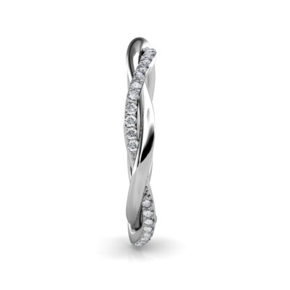 Side view of white gold or platinum twisted pave diamond rope band showing the band depth and stone setting