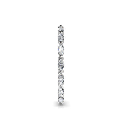 Side view of white gold or platinum marquise diamond station eternity ring showing the band depth and stone setting