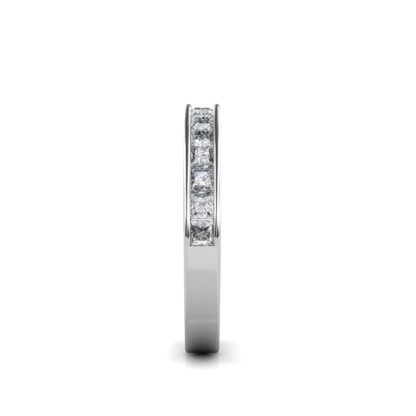 Side view of white gold or platinum princess cut channel-set diamond band ring showing the band depth and stone setting