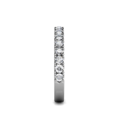 Side view of white gold half eternity diamond ring showing the band depth and stone setting