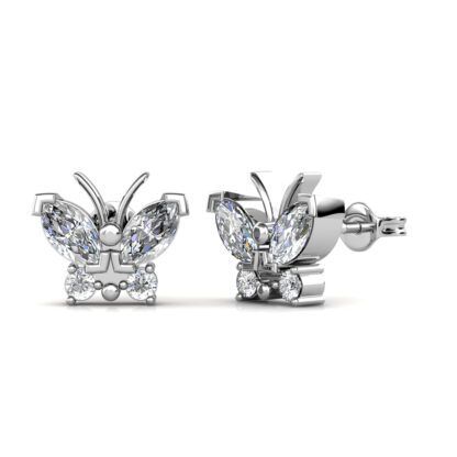 Side view of butterfly diamond studs in white gold or platinum showing the earring post