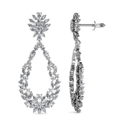 Side view of white gold or platinum marquise diamond open teardrop earrings