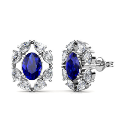 White gold sapphire diamond halo stud earrings, side view
