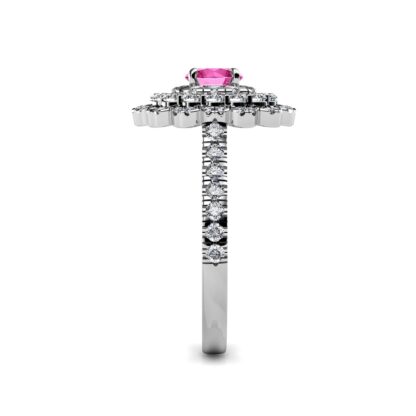 Side view of white gold or platinum pink sapphire diamond triple halo ring showing the band depth and stone setting