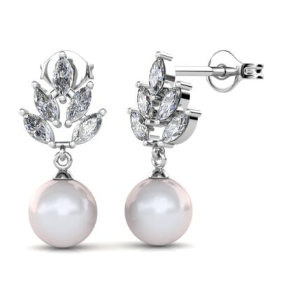 Side view of white gold marquise diamond leaf pearl drop earrings
