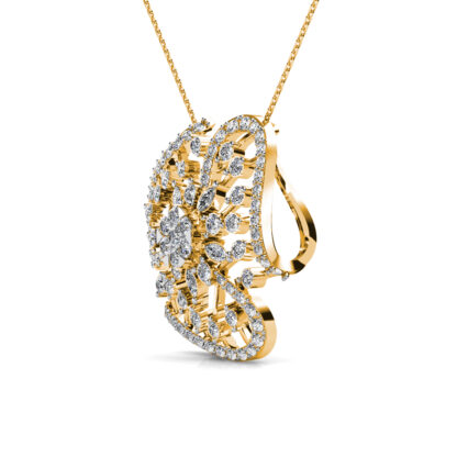 Side view of yellow gold diamond flower pendant showing its curved open petals