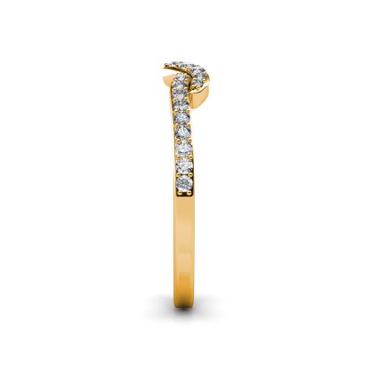 Side view of yellow gold twisted V pave diamond stacking band showing the band depth and stone setting