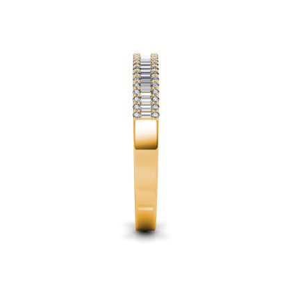 Side view of yellow gold baguette diamond half eternity band showing the band depth and stone setting