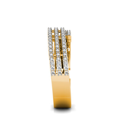 Side view of yellow gold four row pave diamond bypass band showing the band depth and setting
