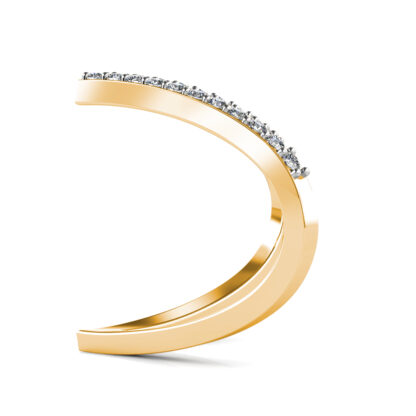 Side view of yellow gold elongated V pave diamond ring showing the band depth and setting