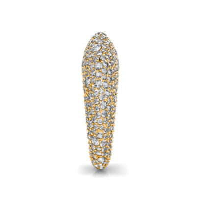 Side view of yellow gold full pave diamond dome ring showing the band depth and setting