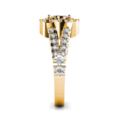 Side view of yellow gold illusion cluster halo split shank ring showing the band depth and setting