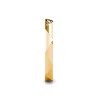 Side view of yellow gold faceted geometric diamond band showing the band depth and setting