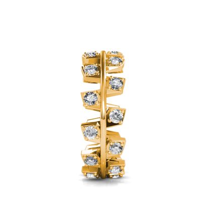 Side view of yellow gold staggered square bezel diamond band showing the band depth and setting