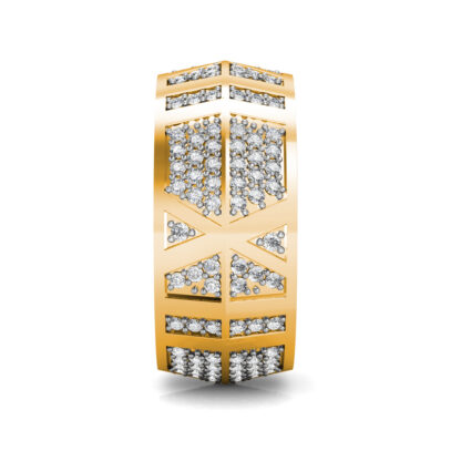 Side view of yellow gold wide pave diamond panel band showing the band depth and setting