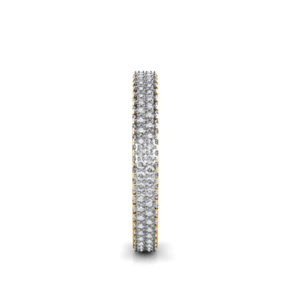 Side view of yellow gold triple row pave diamond eternity band showing the band depth and setting