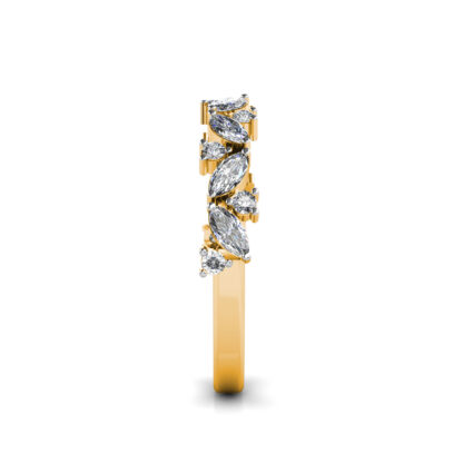 Side view of yellow gold marquise diamond leaf vine band showing the band depth and setting