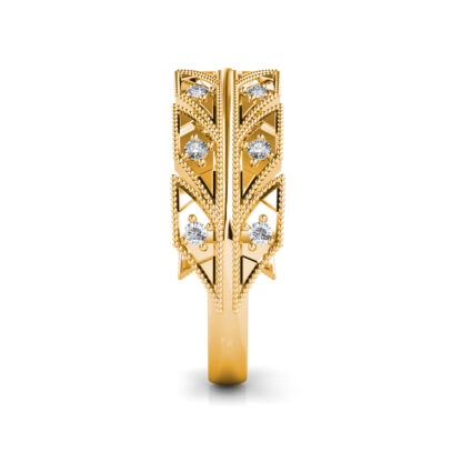 Side view of yellow gold milgrain leaf pattern diamond band showing the band depth and setting