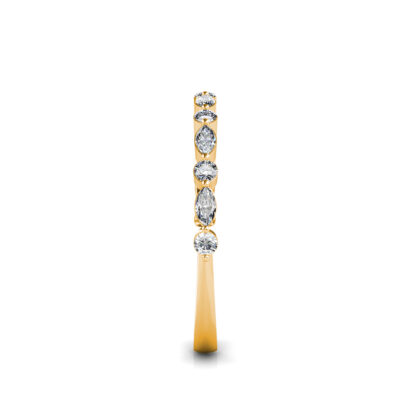 Side view of yellow gold marquise and round diamond half eternity ring showing the band depth and setting
