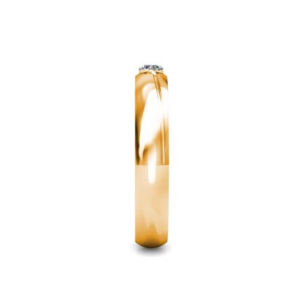 Side view of yellow gold flush-set diamond solitaire domed band showing the band depth and stone setting
