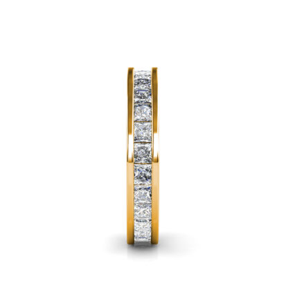 Side view of yellow gold princess cut channel-set eternity ring showing the band depth and setting