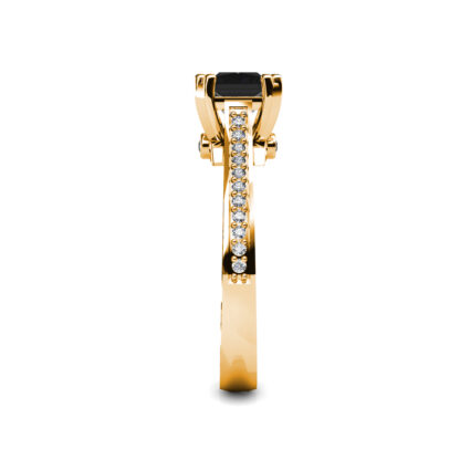 Side view of yellow gold black diamond solitaire ring with pave shoulders showing the band depth and setting
