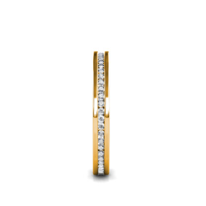 Side view of yellow gold slim channel-set diamond eternity band showing the band depth and setting