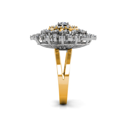 Side view of yellow gold two-finger diamond sunburst cocktail ring showing the band depth and setting