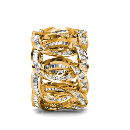 Side view of yellow gold interlocking loop baguette diamond wide ring showing the band depth and stone setting
