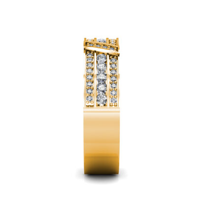 Side view of yellow gold wide channel and pave diamond band showing the band depth and stone setting