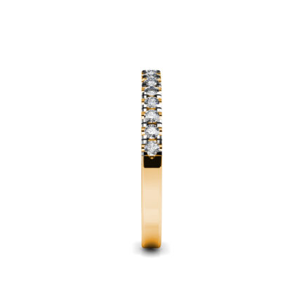 Side view of yellow gold shared-prong diamond half eternity band showing the band depth and stone setting