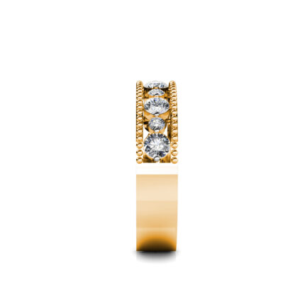 Side view of yellow gold beaded milgrain graduated diamond band showing the band depth and stone setting