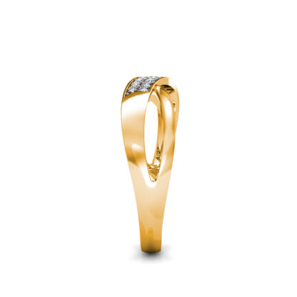 Side view of yellow gold pave diamond crossover wedding ring showing the band depth and stone setting