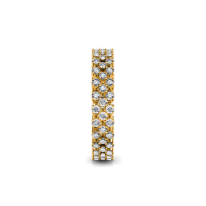 Side view of yellow gold double row staggered diamond eternity band showing the band depth and stone setting
