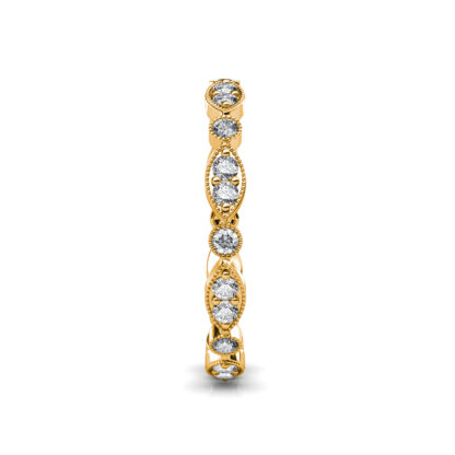 Side view of yellow gold milgrain marquise station diamond eternity band showing the band depth and stone setting