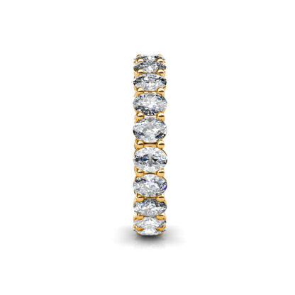 Side view of yellow gold oval diamond full eternity ring showing the band depth and stone setting