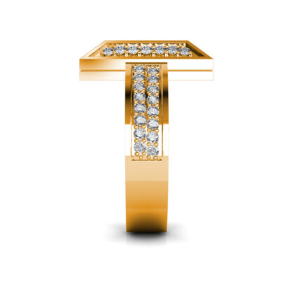 Side view of yellow gold pave diamond T shape statement ring showing the band depth and stone setting