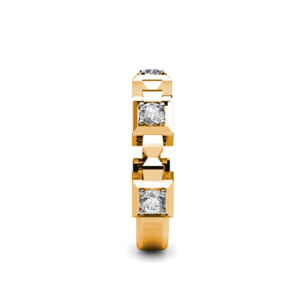 Side view of yellow gold geometric block bezel diamond band showing the band depth and stone setting