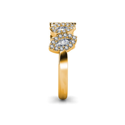 Side view of yellow gold pear and marquise diamond halo band showing the band depth and stone setting