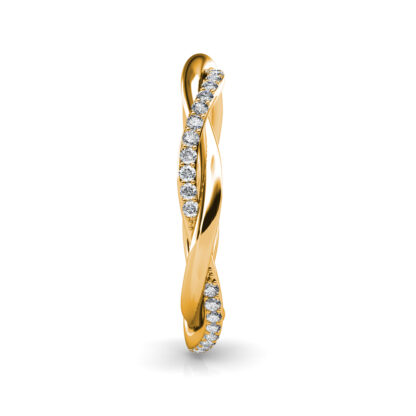 Side view of yellow gold twisted pave diamond rope band showing the band depth and stone setting