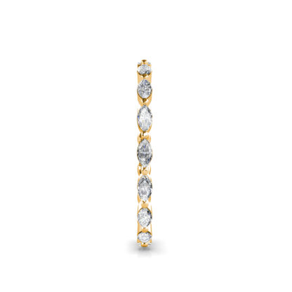 Side view of yellow gold marquise diamond station eternity ring showing the band depth and stone setting