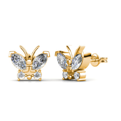 Side view of yellow gold butterfly diamond studs showing the earring post