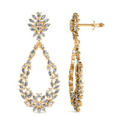 Side view of yellow gold marquise diamond open teardrop earrings