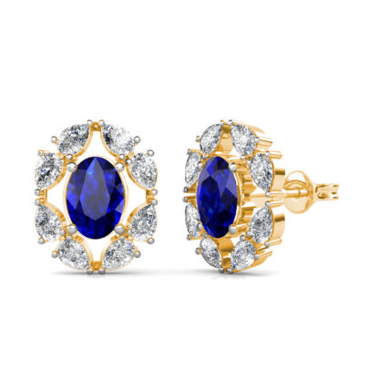 Yellow gold sapphire diamond halo stud earrings, side view